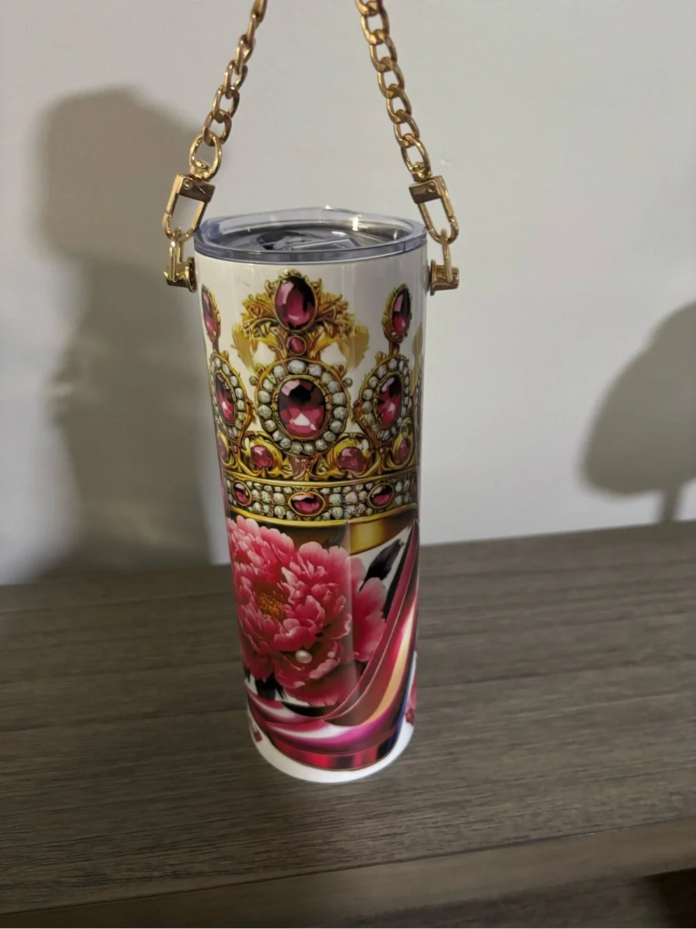 Hand Made Pink Floral & Gold Crown Tumbler